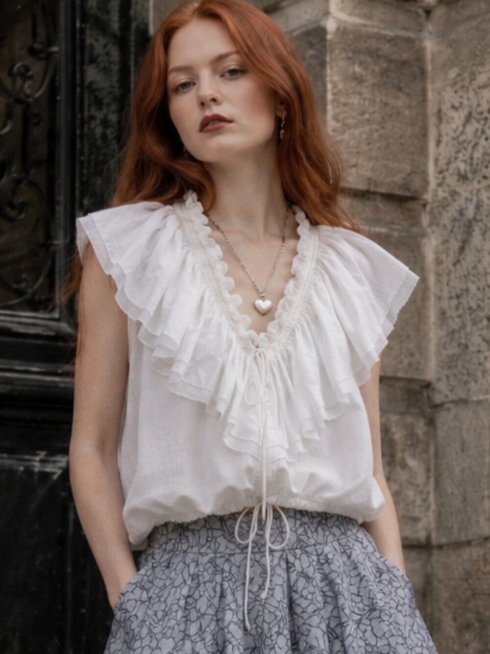 H&M Studio 100% linen bubble hem ruffle blouse